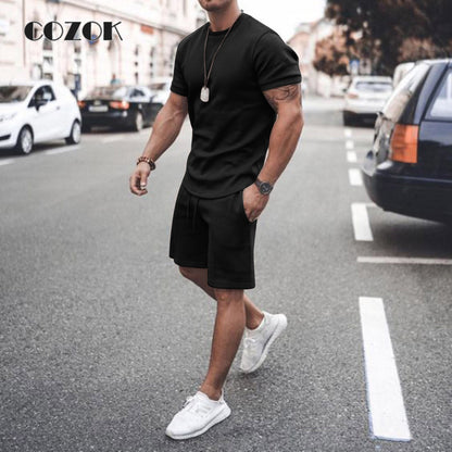 Men Summer Fashion Fitness Suit O-Neck Elastic Waist Breathable T-Shirt