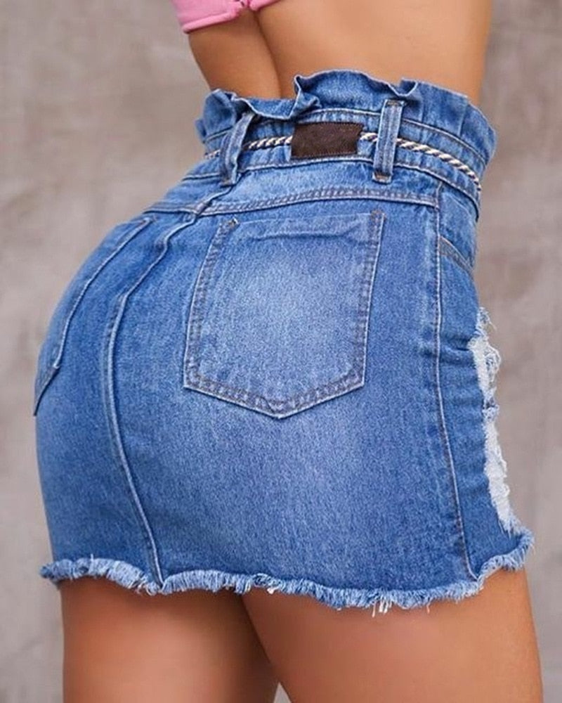 Women Skirt Mini Bag Hip Made Old Washed Pocket Spring And Summer High Street Blue High Waist Lace Strap Tight Hole Overskirt