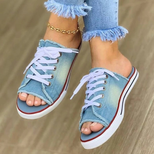 Women&#39;s Casual Female Fashion Denim Beach Shoes Plus Size Women Canvas Slipper Woman Lace Up Ladies Peep Toe New Flat