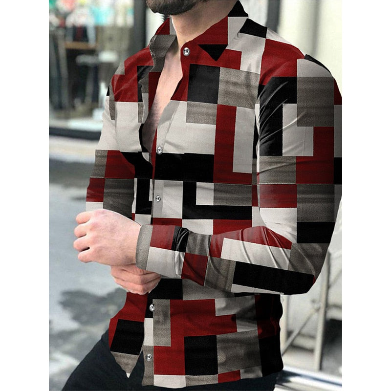 Luxury Social Men Shirts Turn-down Collar Buttoned Shirt Casual Lattice Print Long Sleeve