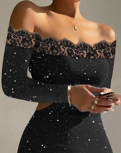 Summer Dresses Woman 2022 Sexy Party Glitter Contrast Lace Elegant Black Wedding Guest Off Shoulder Cutout Bodycon Midi Dress