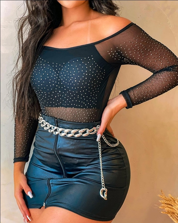 Two Piece Sets Women Outifits Fashion Rhinestone Decor Sexy Sheer Mesh Long Sleeve Top &amp; Plain Skinny Mini Skirt Set 2022 Summer