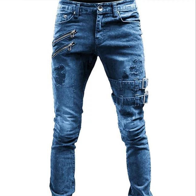 Jeans Men Punk Skinny Denim Pants Streetwear Zipper Slim Fit Black Goth Trousers