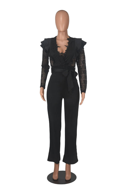 Ruffles Straight Jumpsuit Sexy Women V-Neck Elegant Lace Club Party Overalls Romper