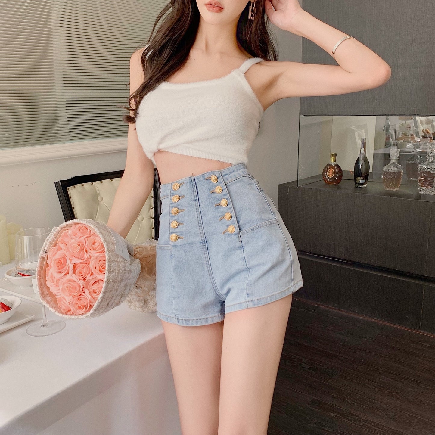 New Summer Women Double-breasted Drawstring Design Denim Sexy High Waist