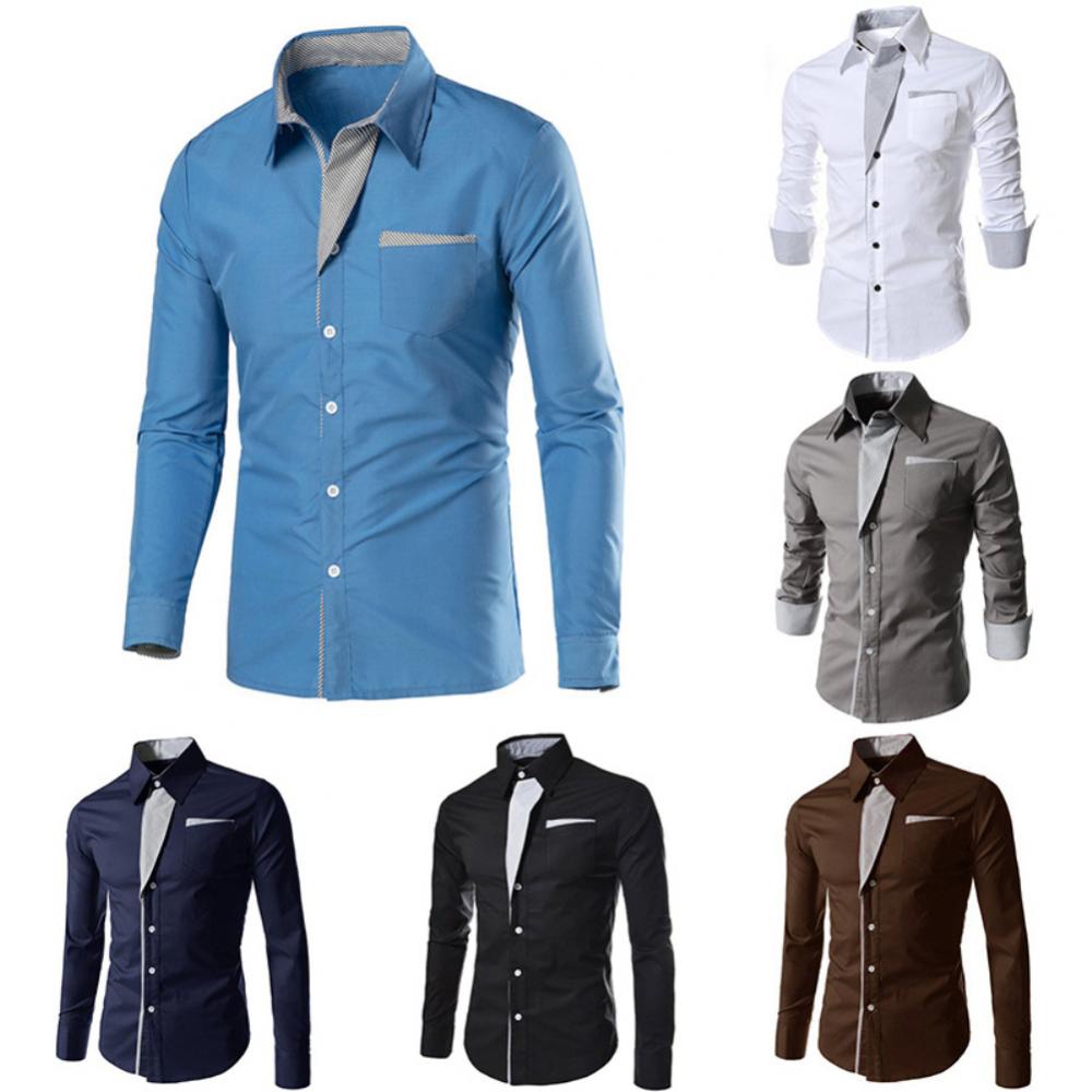 Slim Fit Top Men Shirt Long Sleeve Fashion Stand Collar Color Block Button up Top