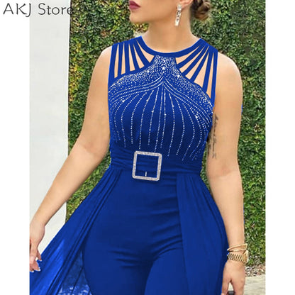 Women&#39;s Sexy Round Neck Rhinestone Sheer Mesh Sleeveless Jumpsuit With Belt