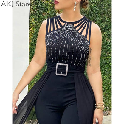 Women&#39;s Sexy Round Neck Rhinestone Sheer Mesh Sleeveless Jumpsuit With Belt