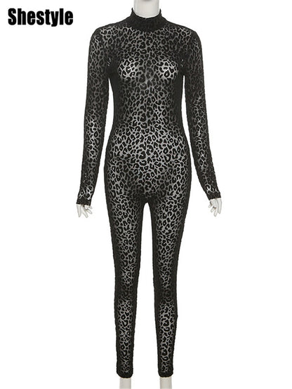 Leopard Transparent Jumpsuits Women Skinny Black Sexy Hot Clubwear