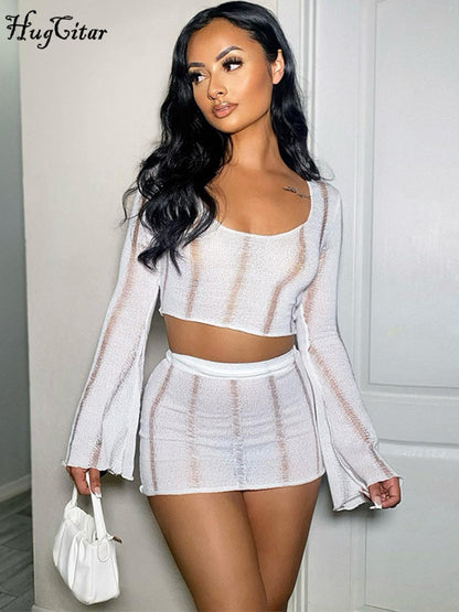 Hugcitar Knitted Solid O Neck Flare Sleeves Cut Out Crop Top Skirts 2 Pieces Matching Set Irregular Sexy Outfit Festival Club