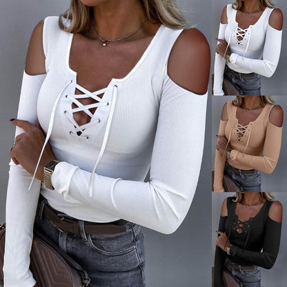 Women Fashion Knit Blouse Sexy Cross Bandage Off Shoulder Long Sleeve Low-cut