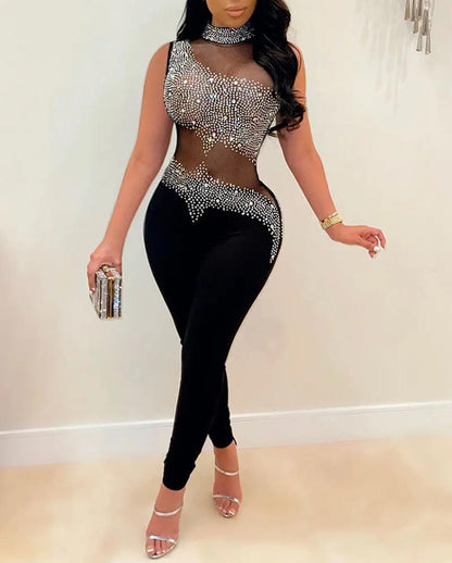 Sexy Jumpsuits For Women Elegant Chic Rhinestone Decor Sheer Mesh Zipper Sleeveless