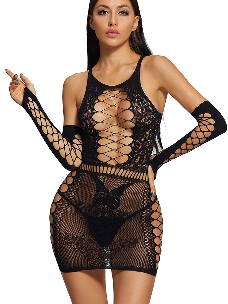 Sexy Transparent Women Dress Sheer Mesh Cutout Long Sleeve Slip Dress Slim Straps