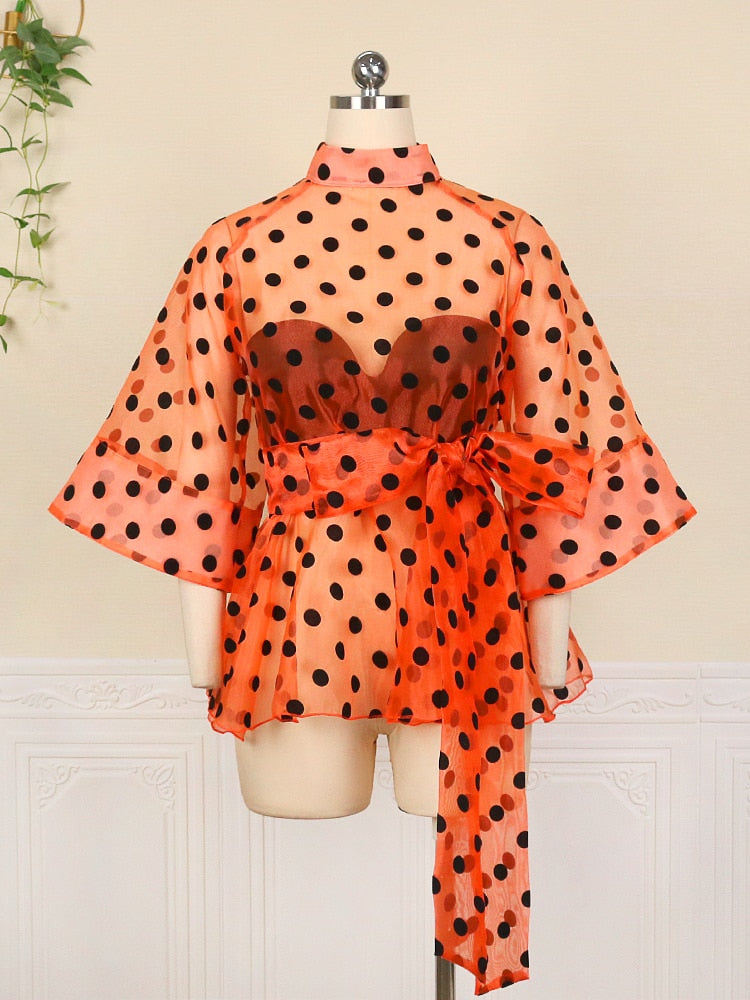 Women White Blouses Polka Dot Peplum See Through Sexy Thin Transparent Half Flare Sleeves Waist Belt Tops Shirt Fashion Bluas