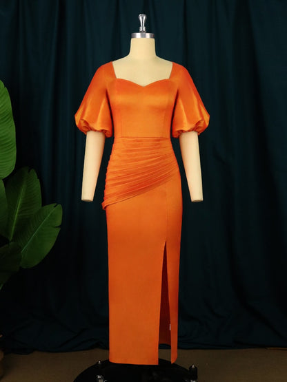 Women Shiny Orange Dress Short Lantern Sleeves Bodycon Pleated Fold Party Sexy African Female Event Tight Evening Robes Birthday