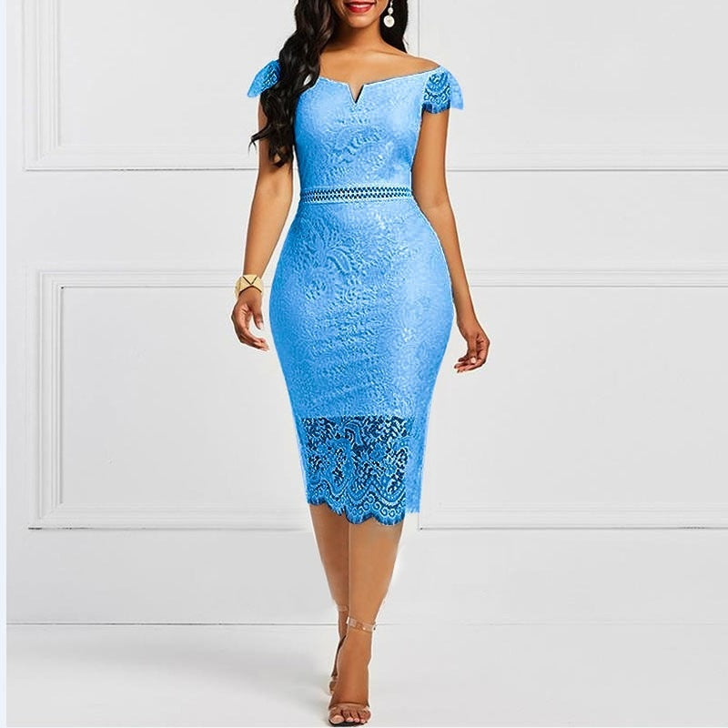 Women Dress Elegant Lace Evening Wedding Party Dress Ladies Blue Sexy Hollow Out Backless Bodycon Dresses Birthday Club Outfits