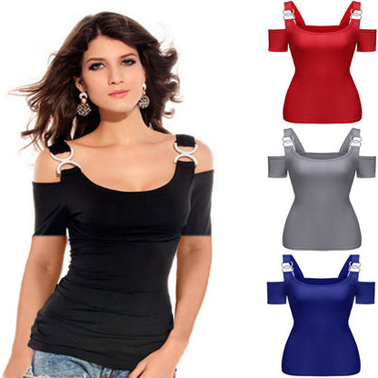 Women T-shirt Shoulder Tops Summer Short Sexy Female