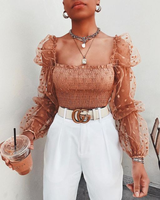 Women Sheer Blouse Chiffon Long Sleeve Shirt Blouse Fashion Transparent White