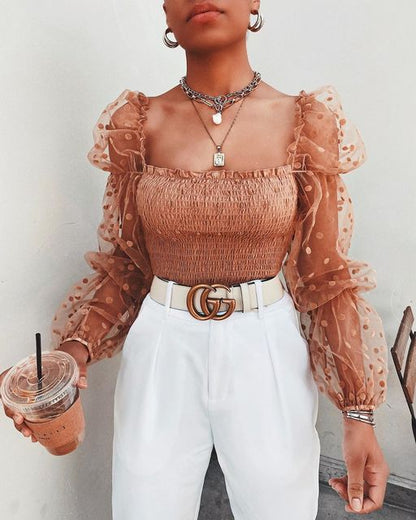 Women Sheer Blouse Chiffon Long Sleeve Shirt Blouse Fashion Transparent White