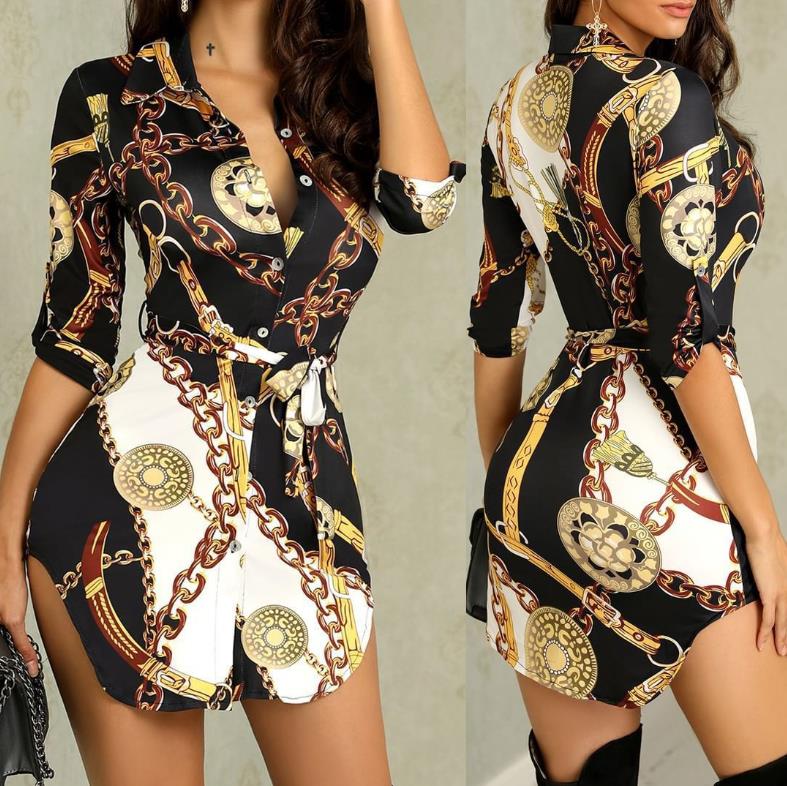 New Style Women Summer Long Blouse Fashion Chain Print Stand Collar Shirt Autumn