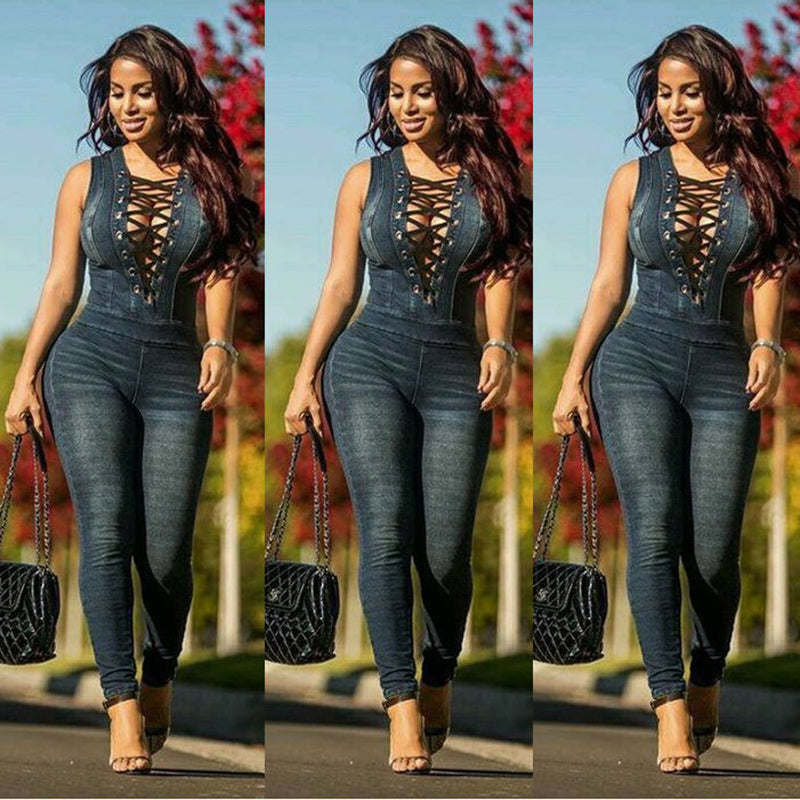 New Style  Rompers Overalls Women Skinny Jeans Sexy Blue Lace-up Jumpsuits