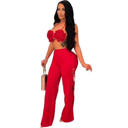 Summer Women 2 Piece Set Floral Tops And High Side Split Lace Pants Set Nightclub Party