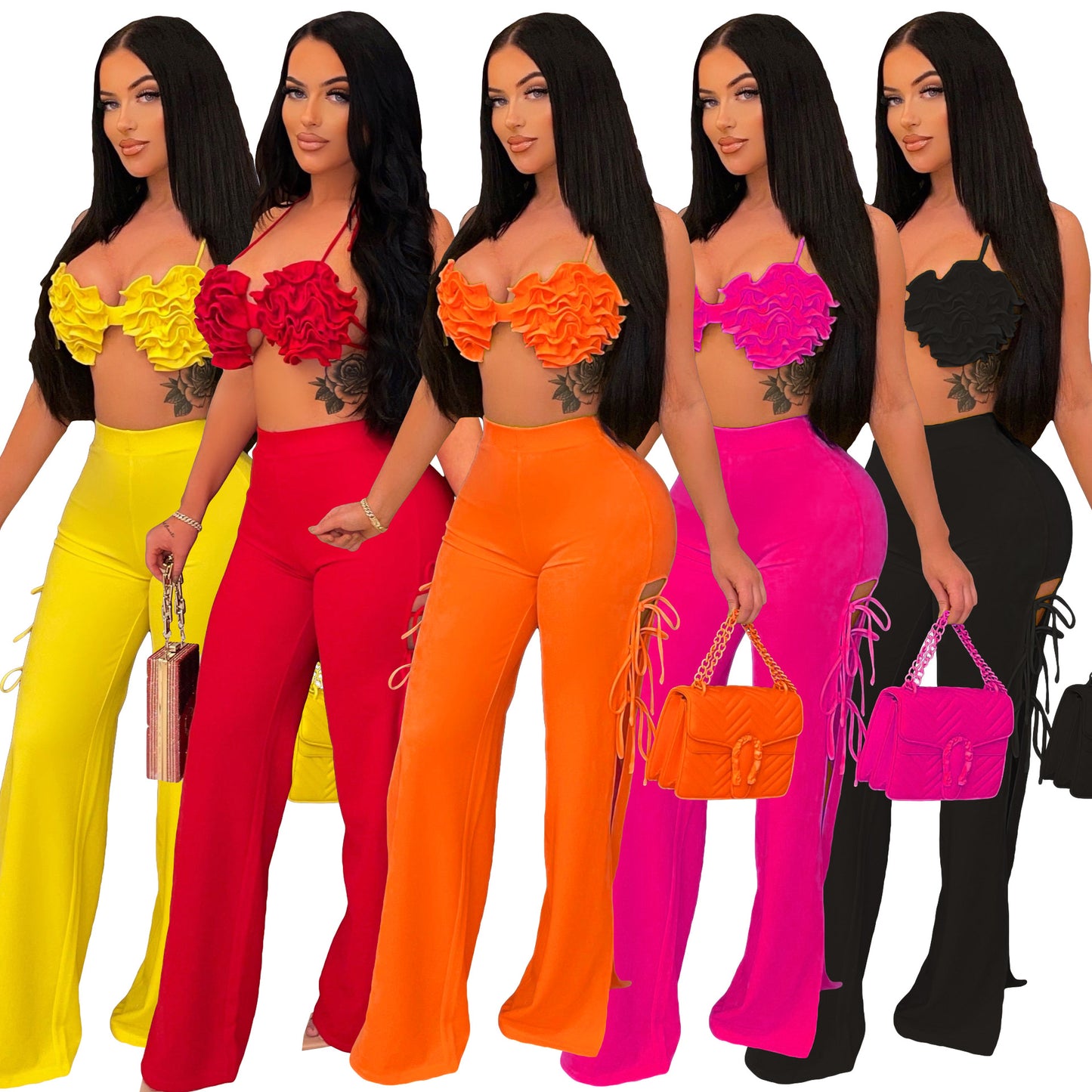 Summer Women 2 Piece Set Floral Tops And High Side Split Lace Pants Set Nightclub Party