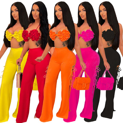 Summer Women 2 Piece Set Floral Tops And High Side Split Lace Pants Set Nightclub Party