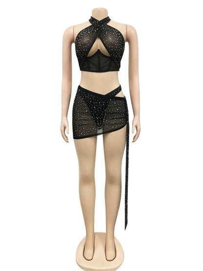 Girls Cut-Out Crystal Skirt Set Nightclub Crop Top And Laced Swimwear Set