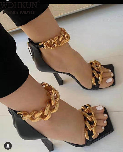 Black Square Toe Sandals Women Unique Thin High Heels Back Zip Open Toes Metal Chains