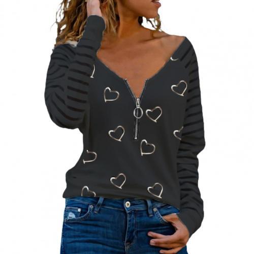 Women Shirts Tees Long Sleeve Love Heart Print Fashion Zipper T-shirt Sexy Casual Tops