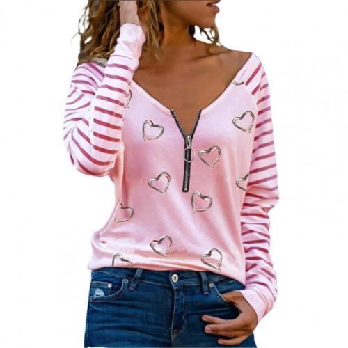 Women Shirts Tees Long Sleeve Love Heart Print Fashion Zipper T-shirt Sexy Casual Tops