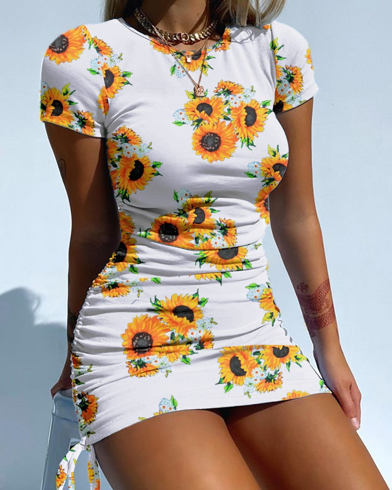 New Style Women Short Dress Ladies Young Style Sunflower Mini Dress Summer