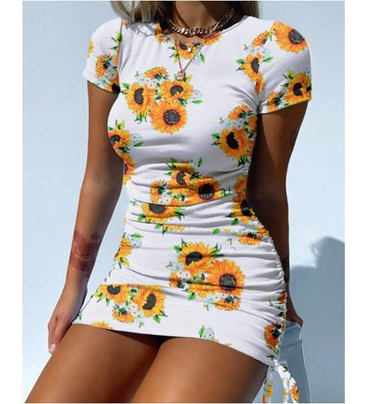 New Style Women Short Dress Ladies Young Style Sunflower Mini Dress Summer