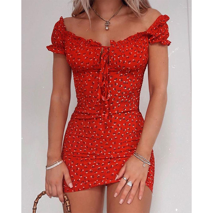 Women Floral Wrap Dress Off Shoulder Tie Up Front Ruffle Mini Dress Summer Office Lady