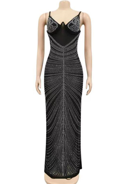 Sparkle Black Rhinestones Maxi Dress Gown Women Glam Straps Crystal Party Dress