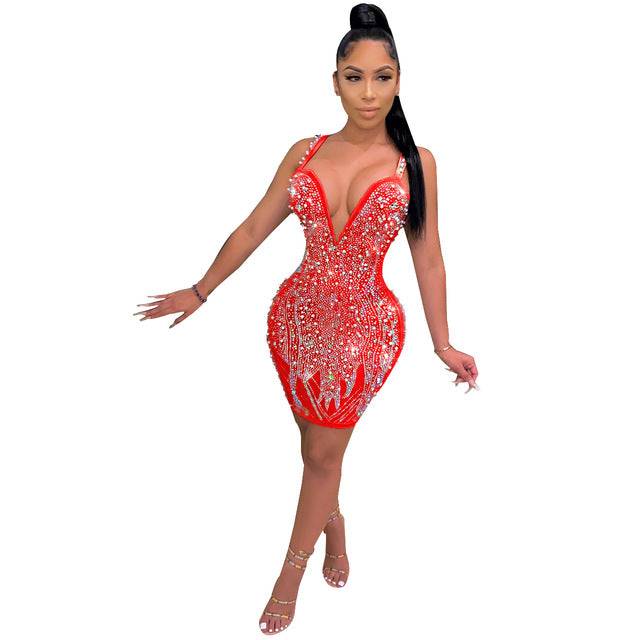 New Style Women Bronzing Rhinestone Sexy Dress Straps Bodycon Dress For Ladies