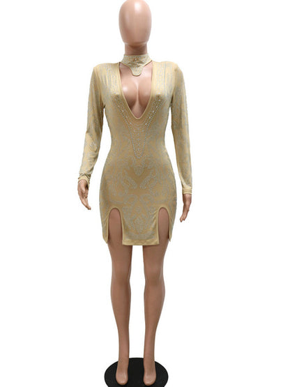 Beautiful Crystal Mini Dress Women Elegant Long Sleeve M-Slit Sequins Short Party Dress