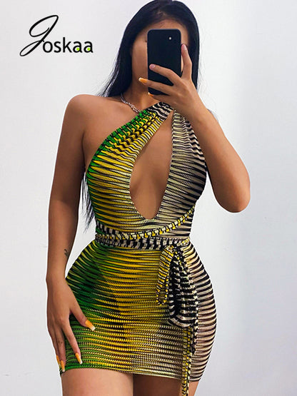 Stripe Printed Deep Bodycon Dress Women Sexy Backless Bandage Mini Dress