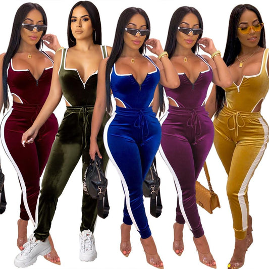 Summer Women set Velvet bodysuit pencil pants suit two piece set Sexy sleeveless