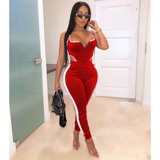 Summer Women set Velvet bodysuit pencil pants suit two piece set Sexy sleeveless