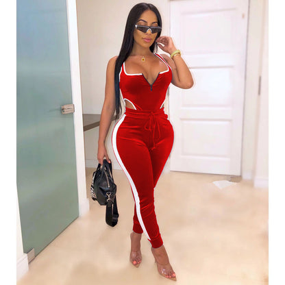 Summer Women set Velvet bodysuit pencil pants suit two piece set Sexy sleeveless