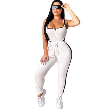 Summer Women set Velvet bodysuit pencil pants suit two piece set Sexy sleeveless
