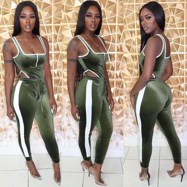 Summer Women set Velvet bodysuit pencil pants suit two piece set Sexy sleeveless