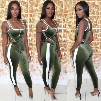 Summer Women set Velvet bodysuit pencil pants suit two piece set Sexy sleeveless