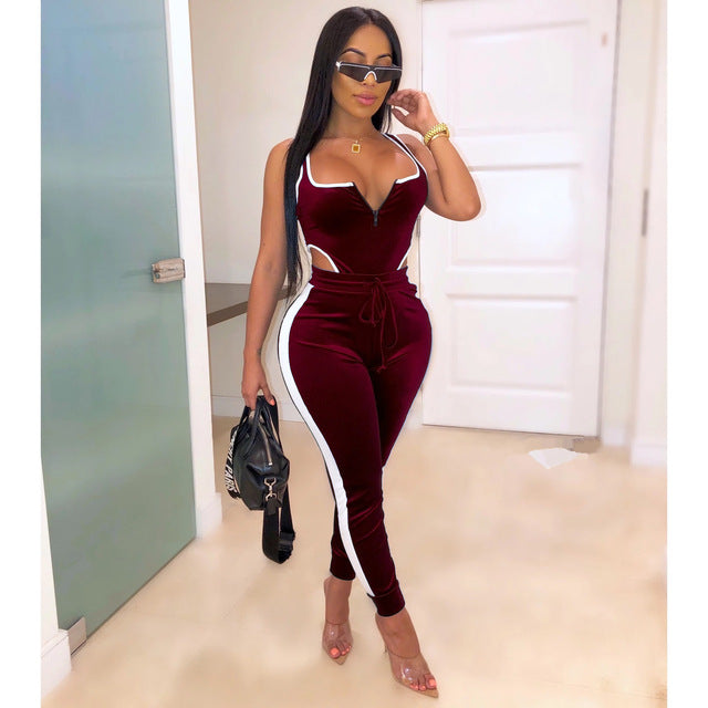Summer Women set Velvet bodysuit pencil pants suit two piece set Sexy sleeveless