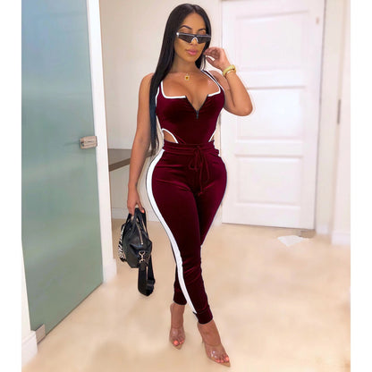 Summer Women set Velvet bodysuit pencil pants suit two piece set Sexy sleeveless