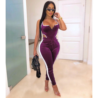 Summer Women set Velvet bodysuit pencil pants suit two piece set Sexy sleeveless